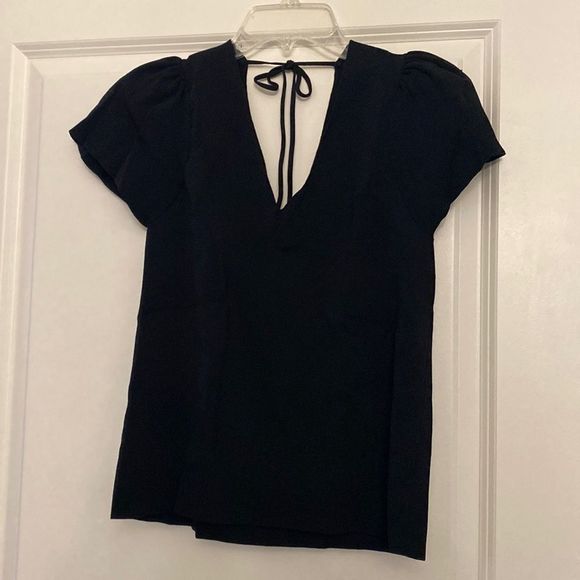 NWOT MNG By MANGO Nordstrom Blouse Short Sleeve Black Tie Back - Size XL - Picture 1 of 2